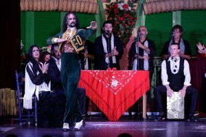 Flamenco dancer performing on stage with musicians and singers.
