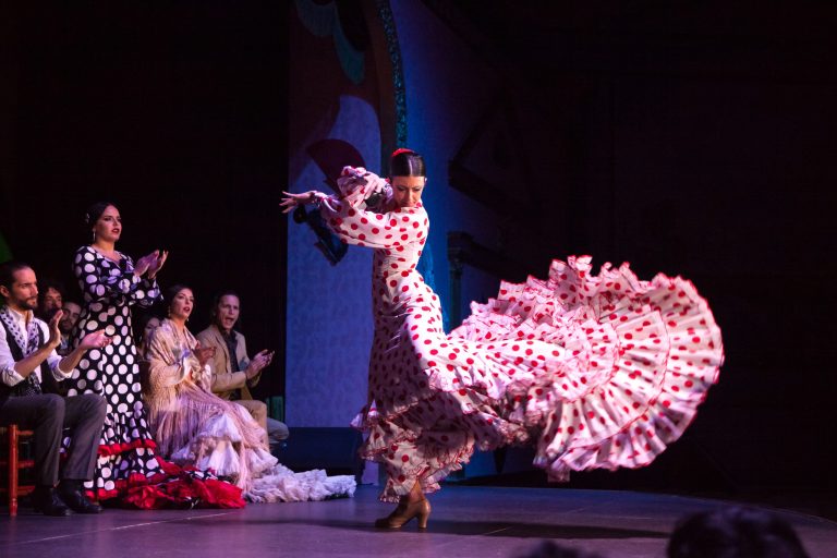 Flamenco dancer in polka dot dress performs on stage, surrounded by seated audience.