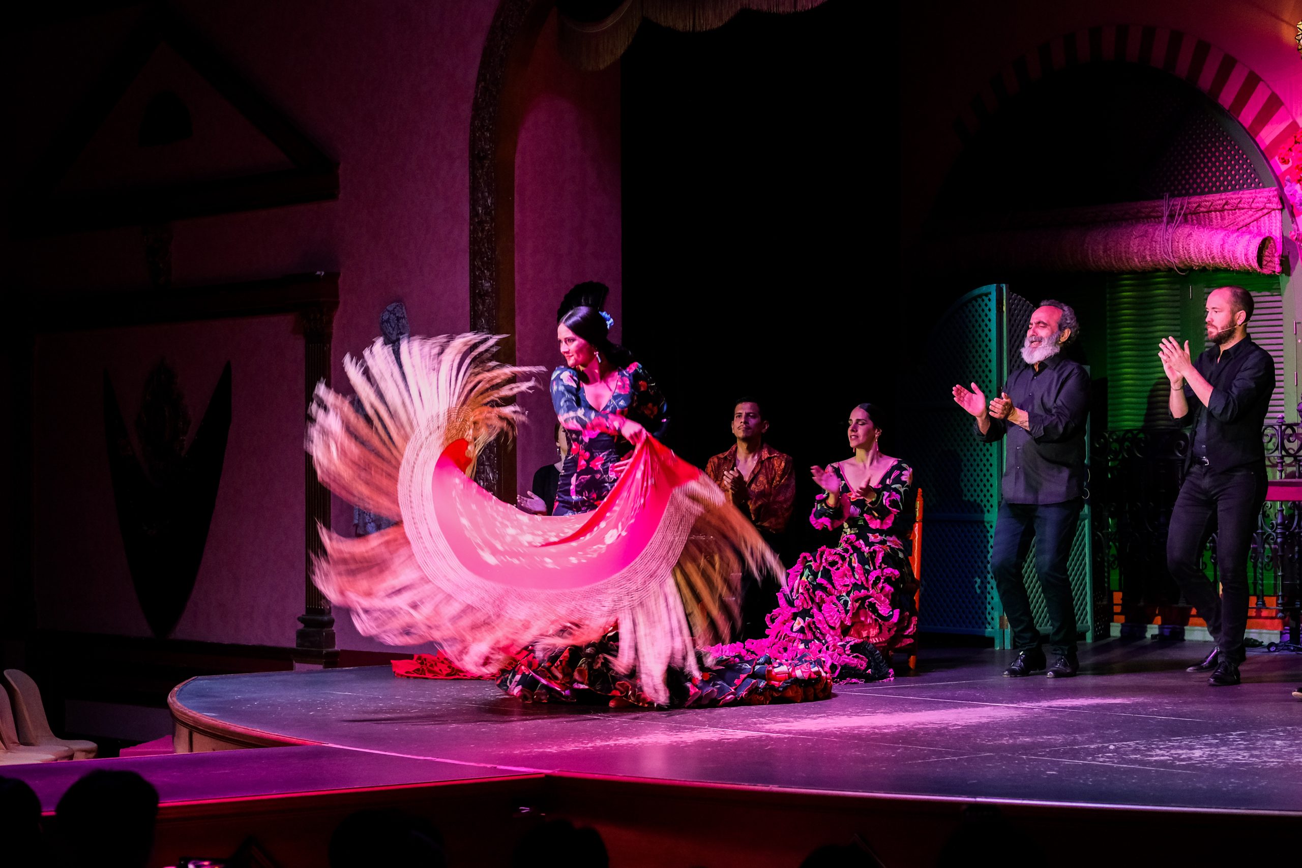 Flamenco dancers on stage, one with a vibrant shawl, audience clapping.