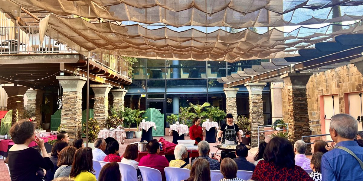Outdoor gathering with crowd seated under pergola, listening to speaker.