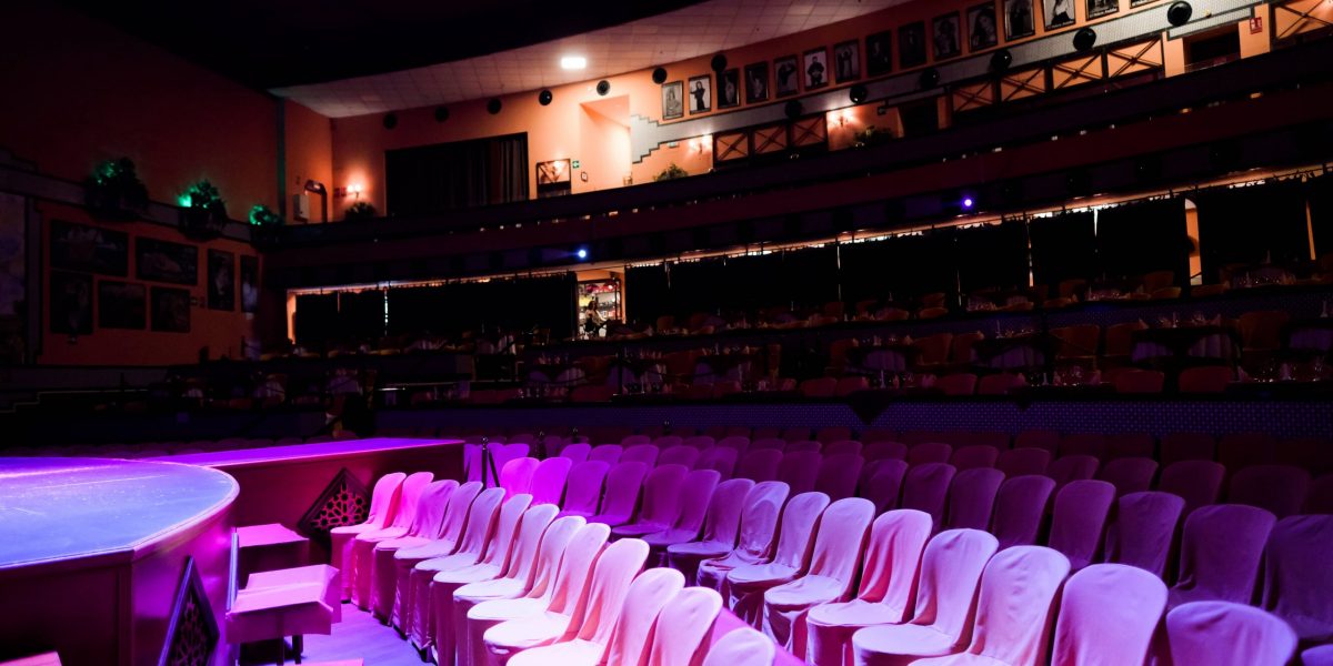Empty theater with pink-lit seats and curved stage.