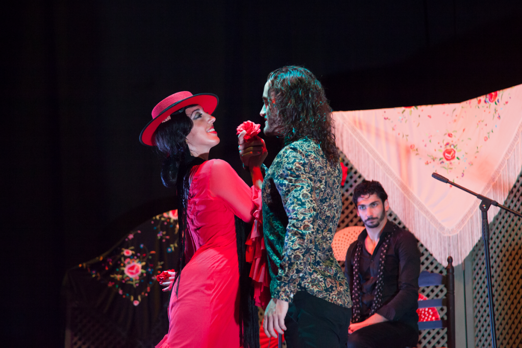 Flamenco dancers performing with a guitarist in the background.