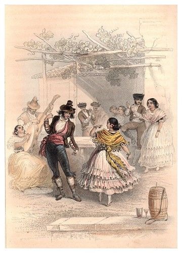 19th-century dancers in traditional attire with musicians in a rustic setting.