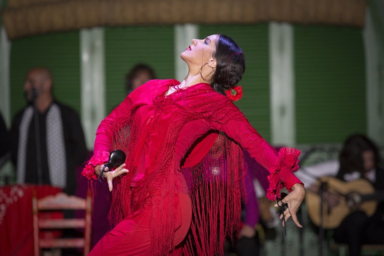 Dancer in red dress performing flamenco with passion.