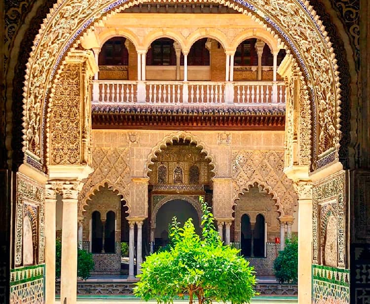 Ornate arches in a historical courtyard with lush green bush.